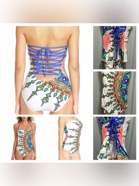 Trina Turk Kasbah Lace Back One Piece Women’s Size 12 White & Blue